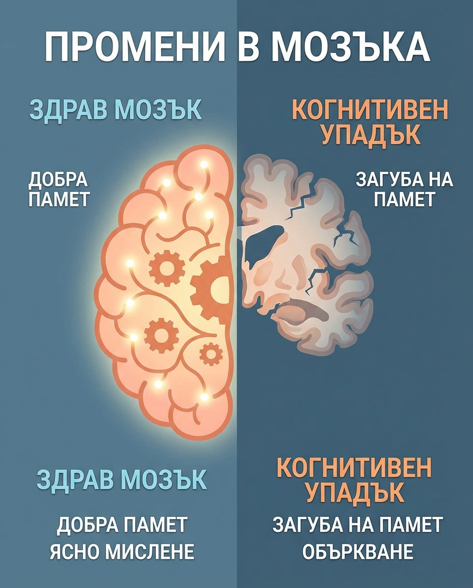 Илюстрация на промените в мозъка с възрастта — здрав мозък срещу когнитивен упадък